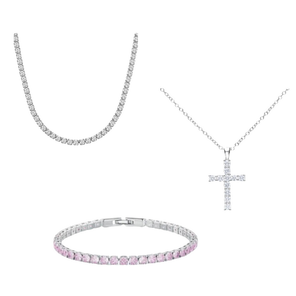 Combo “Festa della mamma” Collana tennis + Croce + bracciale tennis rosa (Acciaio Inossidabile)
